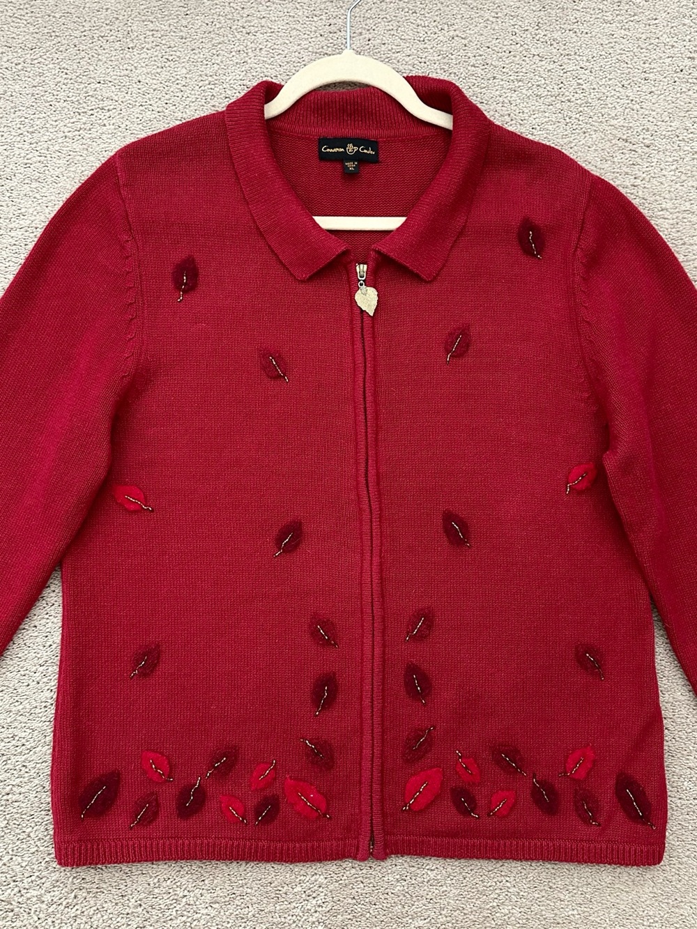 Vintage 90s Fall Leaf Embellished Zip Cardigan Sweater - Teacher / Grandmacore